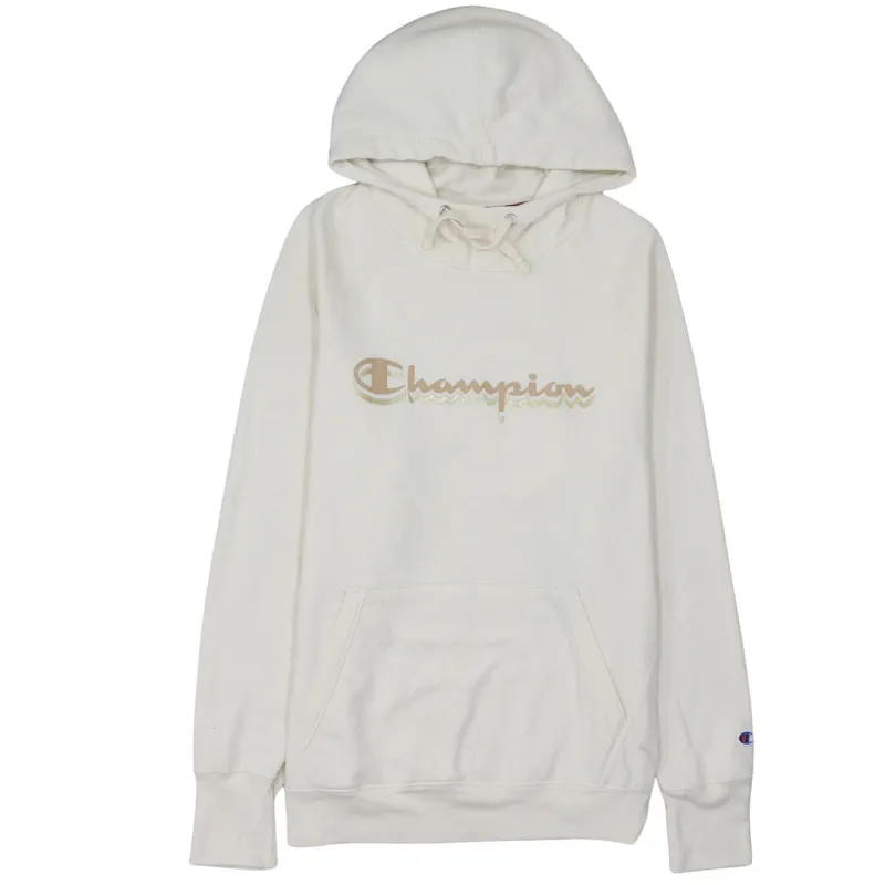 Champion Cream Hoodie Men's XLarge Embroidered Front Logo Drawstring Hood Front Pocket Sweatshirt sold by Vintage Club