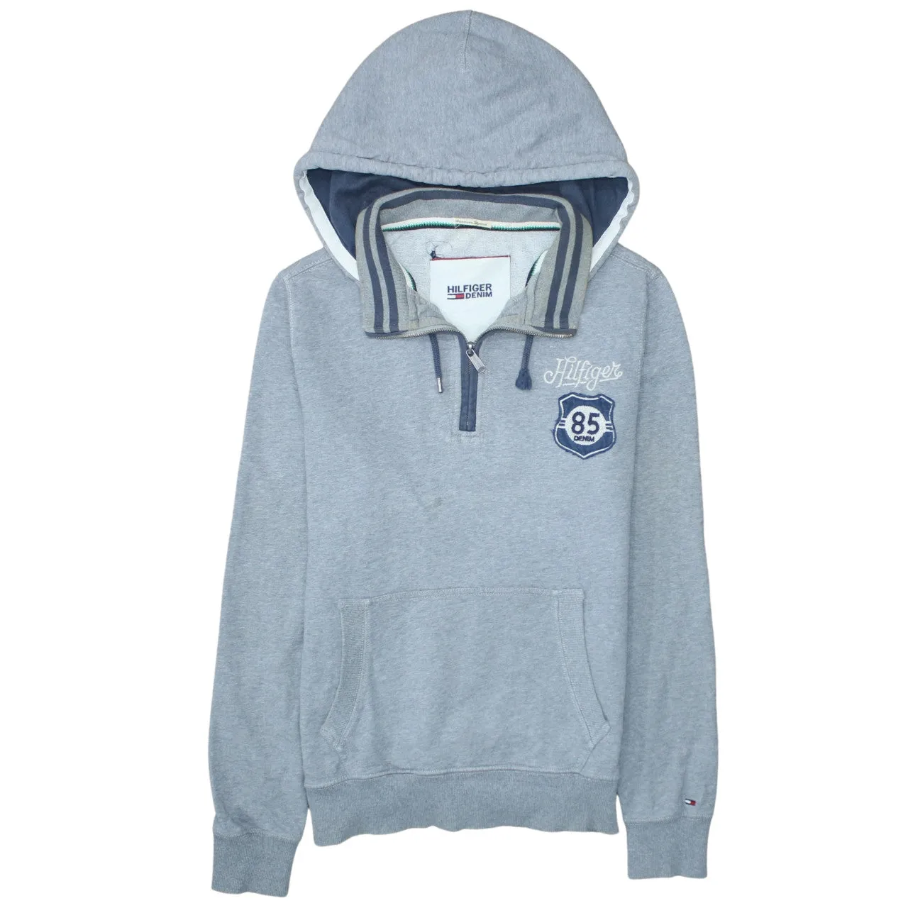 Tommy Hilfiger Grey Hoodie Men’s Small Half Zip Embroidered Crest Logo Front Pocket Sweatshirt sold by Vintage Club