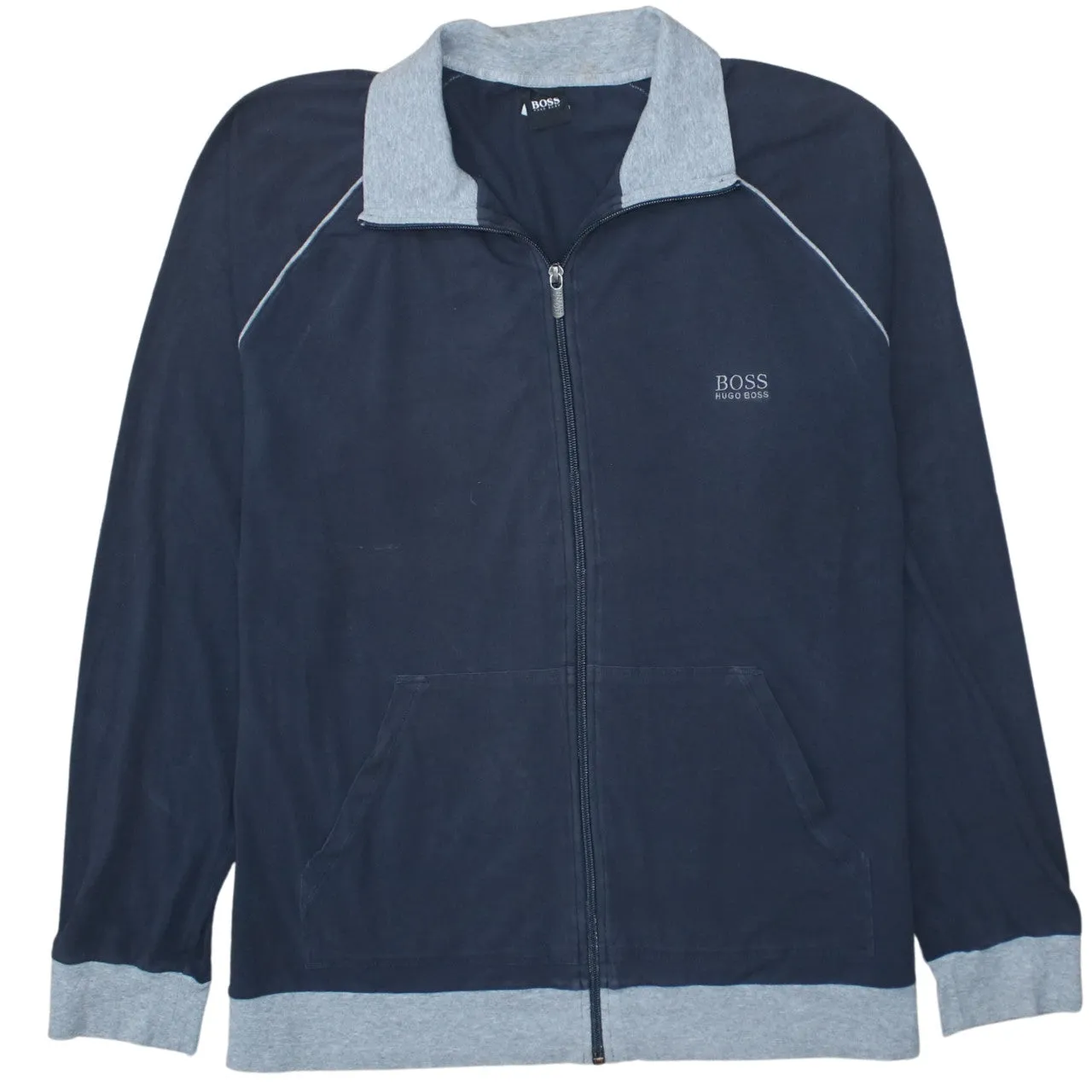 HUGO BOSS Navy Blue Zip Sweatshirt Women's XLarge Contrast Collar Embroidered Logo Jacket sold by Vintage Club