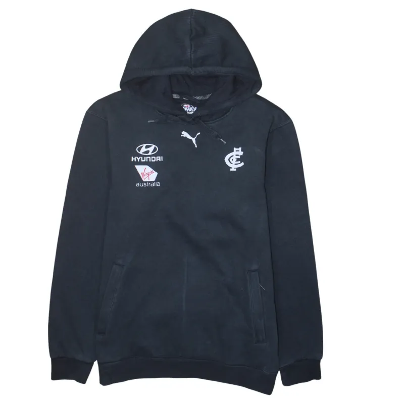 Puma Navy Blue Hoodie Women’s Medium Printed Logos Drawstring Hood Front Pockets Sweatshirt made by Puma
