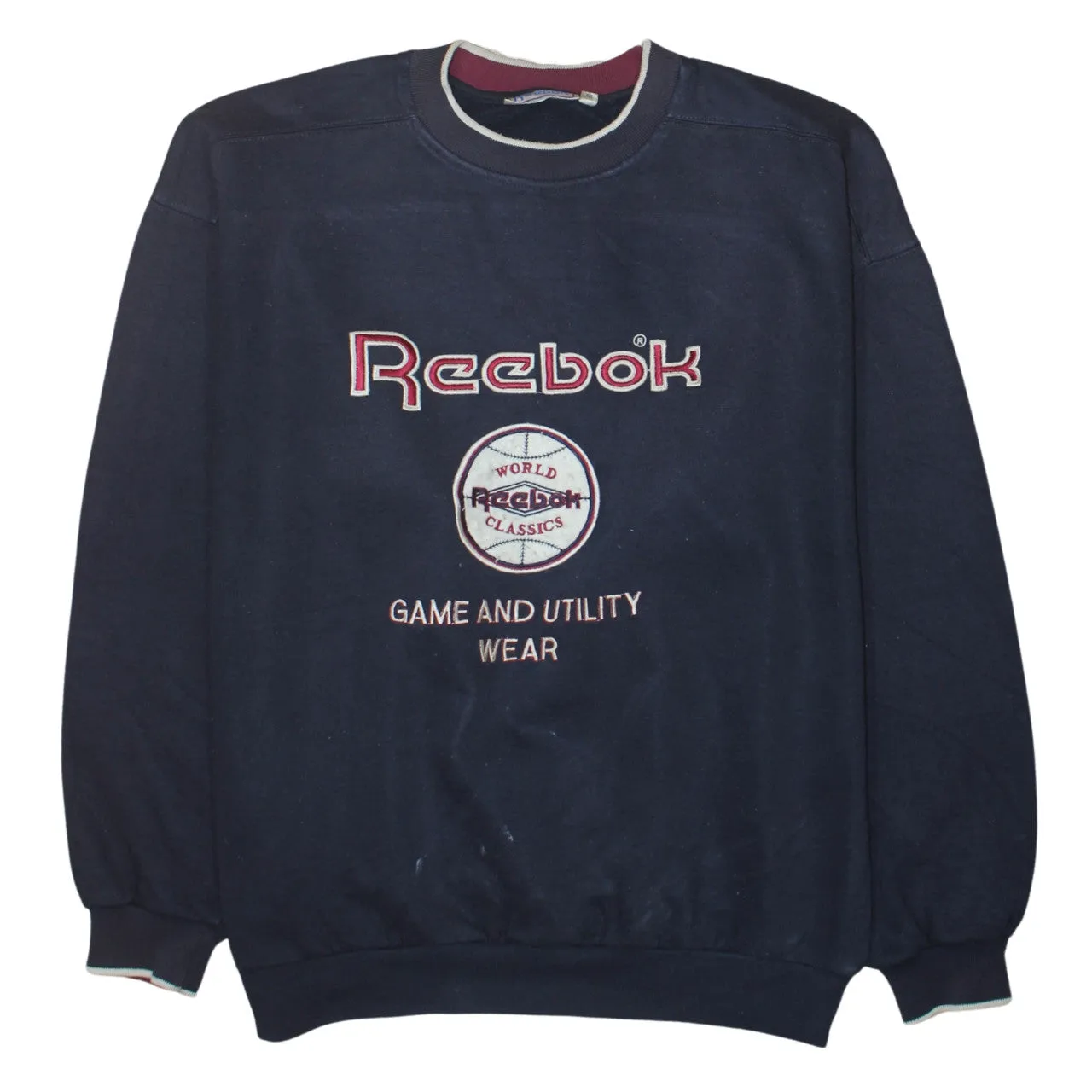 Reebok Navy Blue Sweatshirt Men’s Medium Embroidered Logo Crewneck Fleece Pullover Top sold by Vintage Club