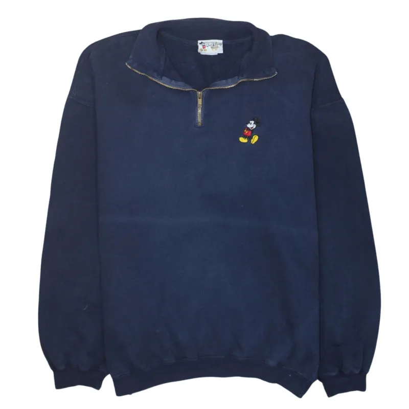 Disney Navy Blue Quarter Zip Sweatshirt Men's Medium Embroidered Mickey Fleece Pullover Top sold by Vintage Club