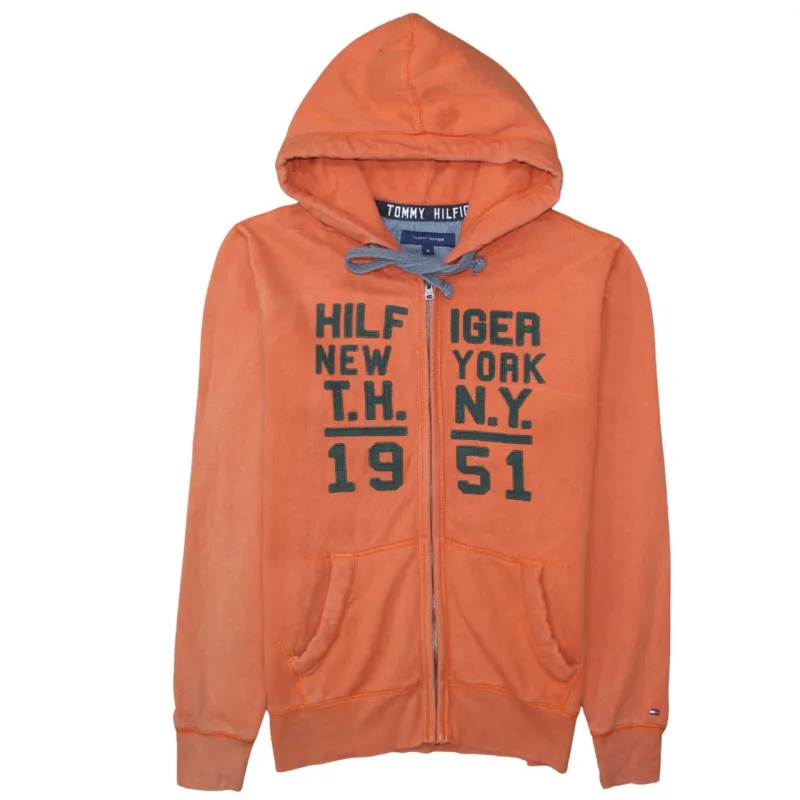 Tommy Hilfiger Orange Zip Hoodie Men's Medium Embroidered Front Logo Pockets Sweatshirt made by Tommy Hilfiger