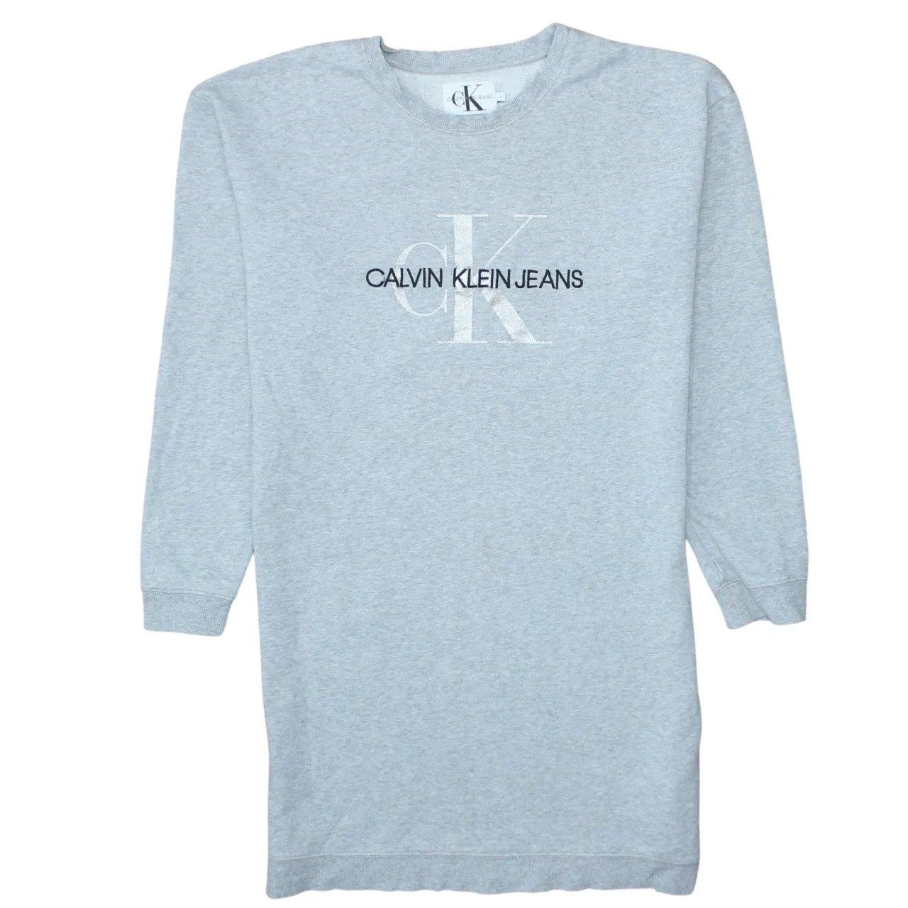 Calvin Klein Light Grey Sweatshirt Men’s Small Embroidered Logo Longline Crewneck Pullover Top sold by Vintage Club
