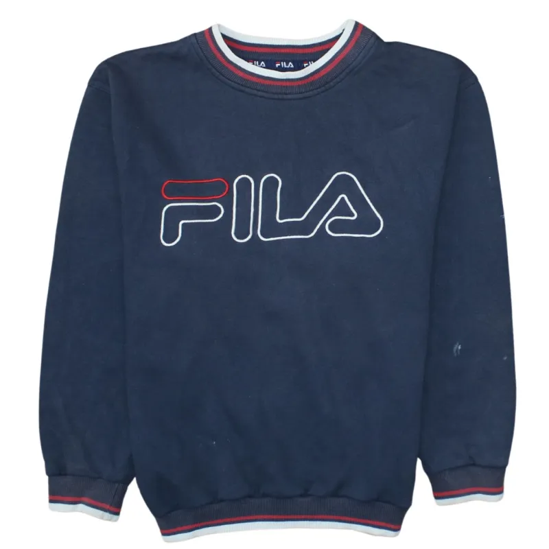 Fila Navy Blue Sweatshirt Men's Small Embroidered Logo Ribbed Trim Crewneck Pullover made by Fila