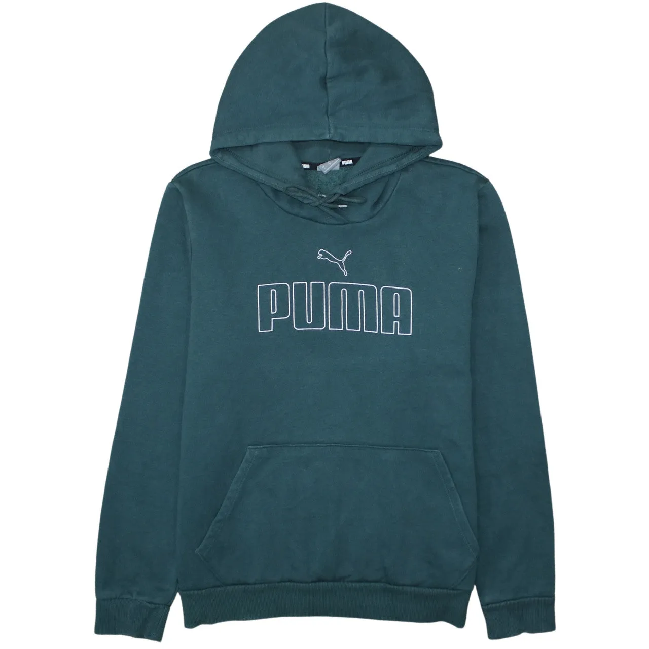 Puma Dark Teal Hoodie Women's Large Printed Logo Front Pouch Fleece Pullover Sweatshirt sold by Vintage Club