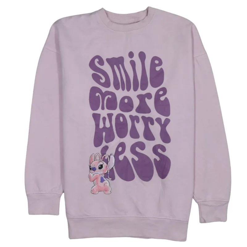 Disney Pink Sweatshirt Women’s XSmall Printed Smile More Worry Less Angel Graphic Pullover Top made by Disney