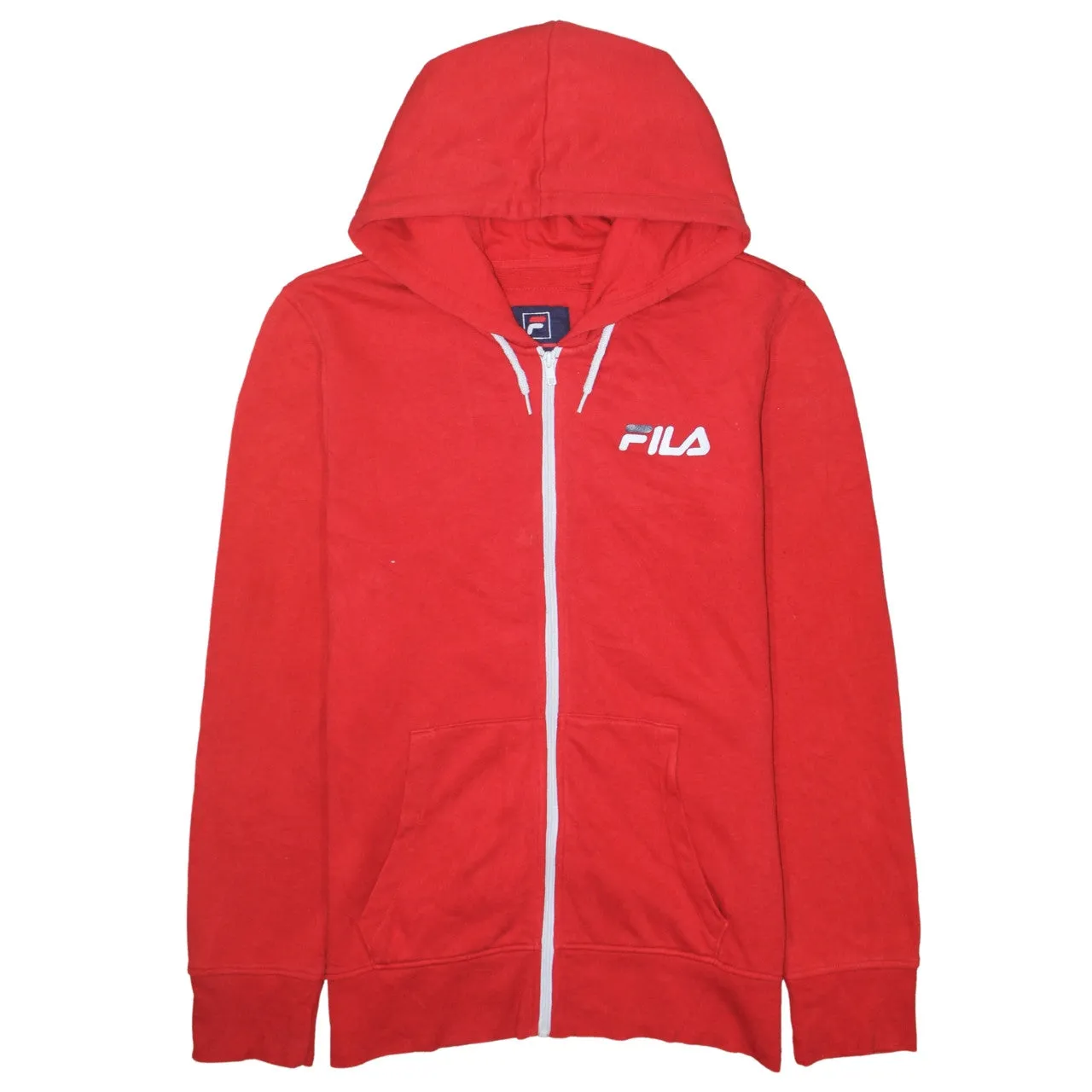 Fila Red Zip Hoodie Women's Large Printed Logo Drawstring Hood Split Pocket Sweatshirt sold by Vintage Club