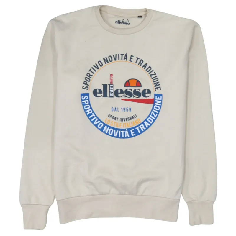 Ellesse Cream Sweatshirt Men's Medium Printed Crest Logo Ribbed Cuffs Crewneck Pullover made by Ellesse