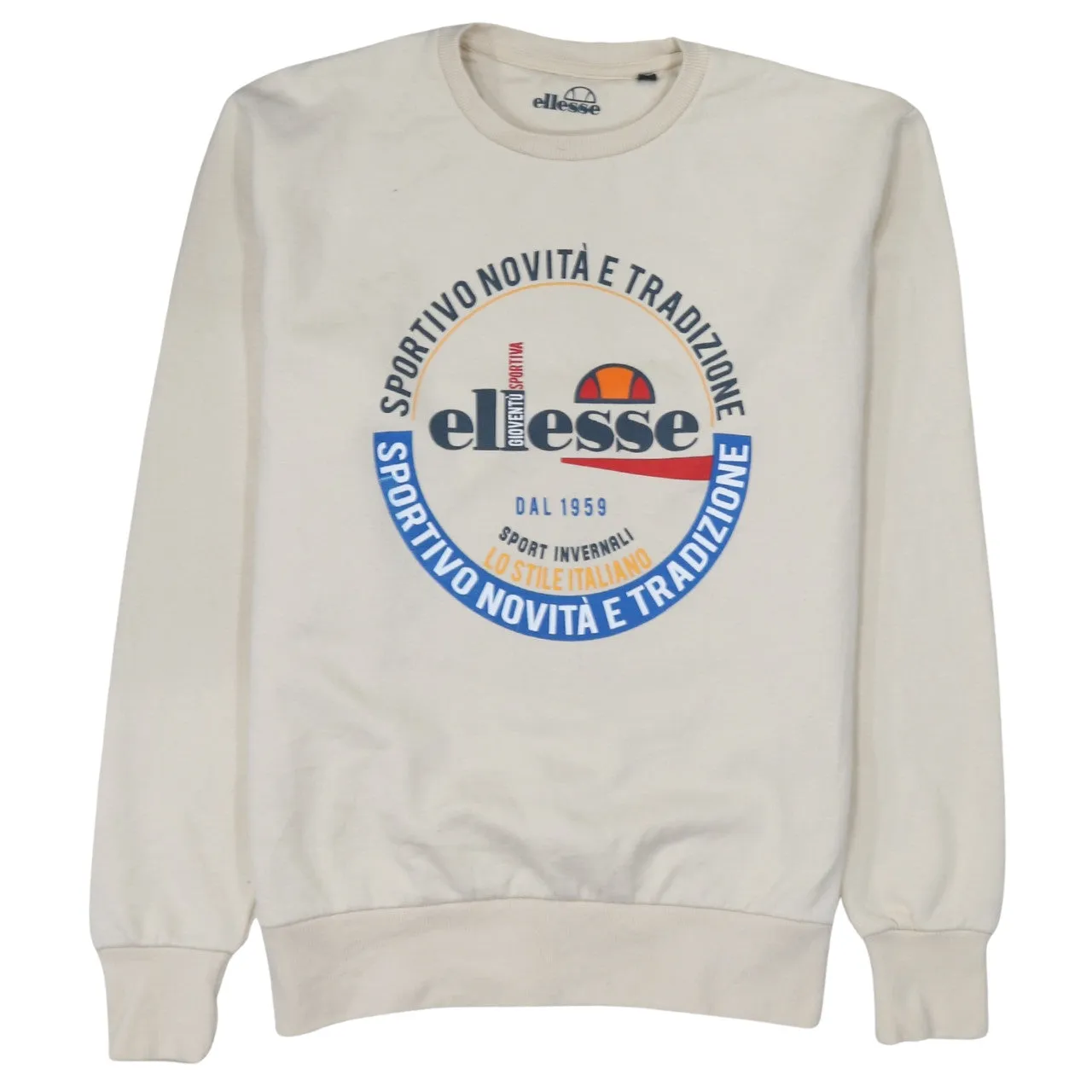 Ellesse Cream Sweatshirt Men's Medium Printed Crest Logo Ribbed Cuffs Crewneck Pullover sold by Vintage Club