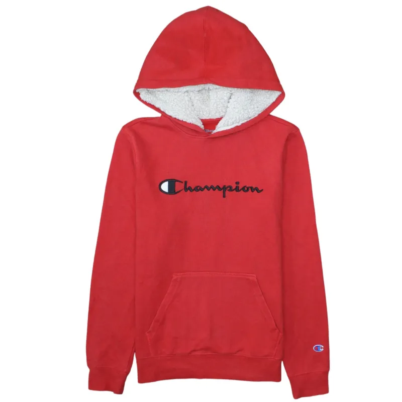 Champion Red Hoodie Women’s XLarge Embroidered Script Logo Sherpa Hood Front Pocket Sweatshirt sold by Vintage Club