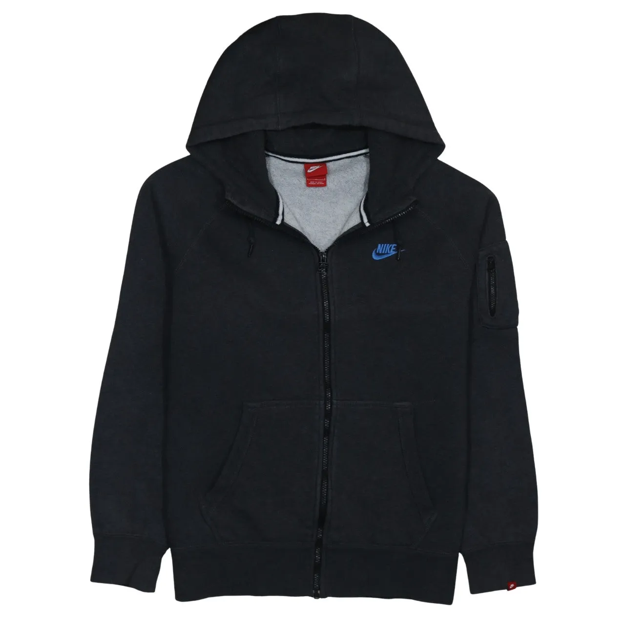 Nike Black Full Zip Hoodie Men's Large Embroidered Blue Logo Sleeve Zip Pocket Sweatshirt sold by Vintage Club