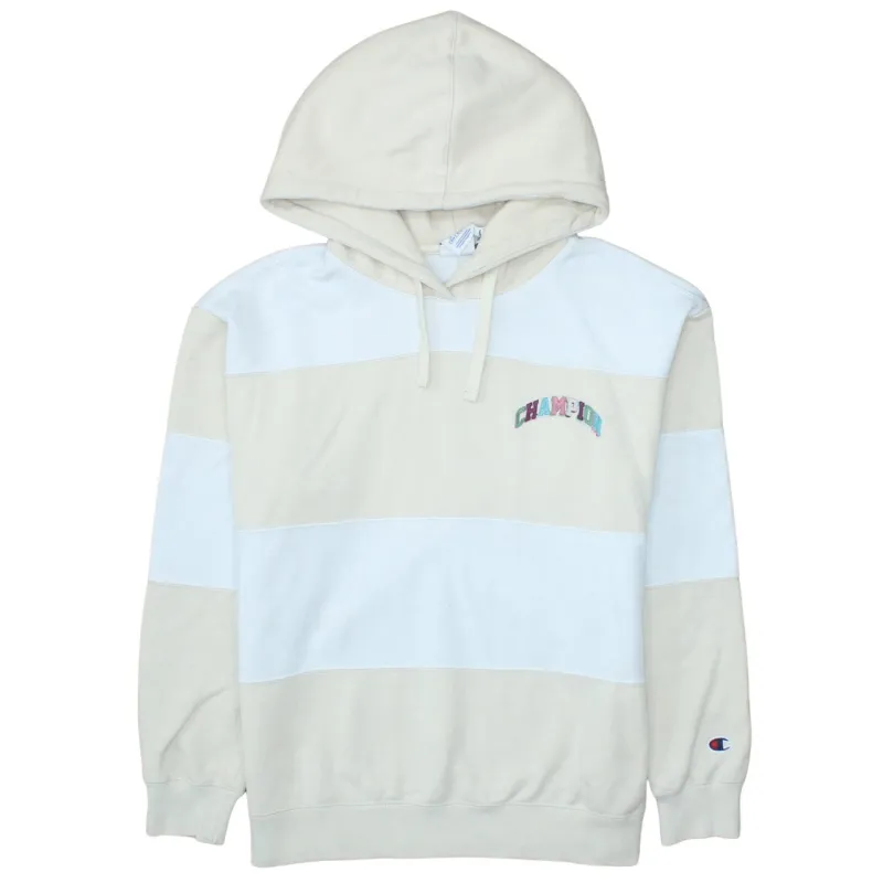 Champion Cream White Hoodie Men's Medium Embroidered Logo Block Stripe Pullover Sweatshirt sold by Vintage Club