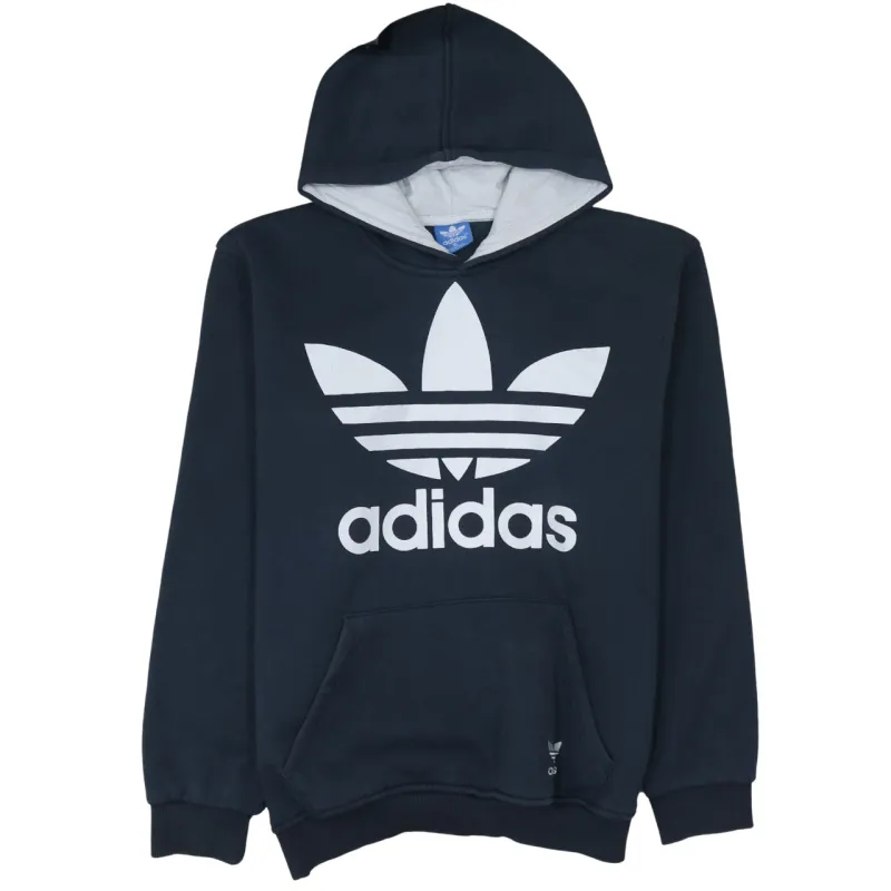 Adidas Navy Blue Hoodie Women’s XLarge Printed Trefoil Logo Front Pocket Pullover Sweatshirt sold by Vintage Club