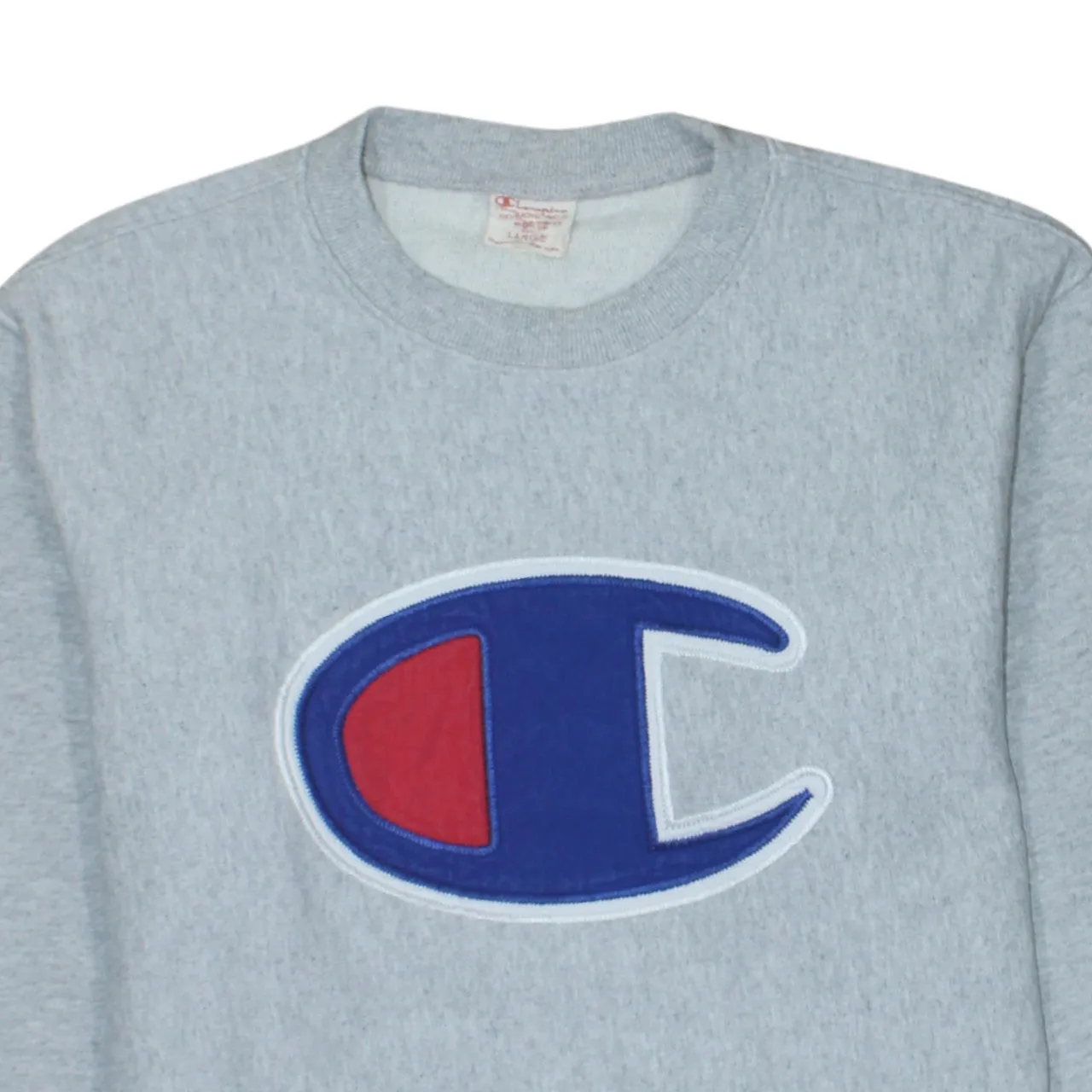 Champion Grey Sweatshirt Women’s Large Big C Logo Embroidered Chest Crewneck Pullover Fleece Top sold by Vintage Club product image thumbnail 3