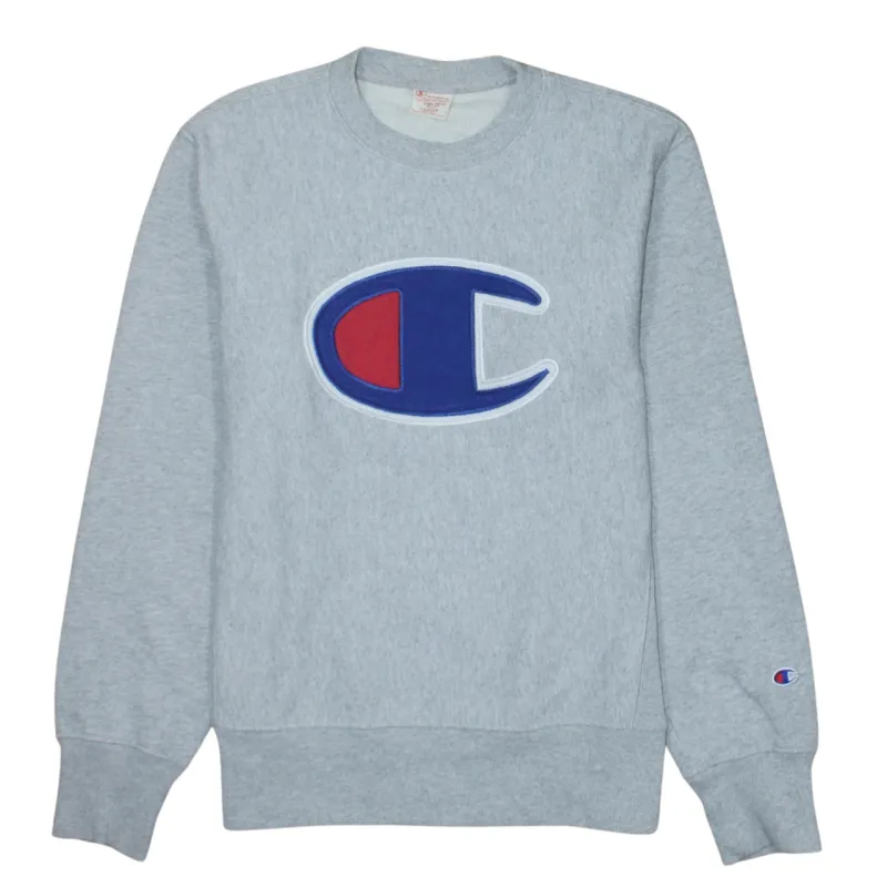 Champion Grey Sweatshirt Women’s Large Big C Logo Embroidered Chest Crewneck Pullover Fleece Top sold by Vintage Club