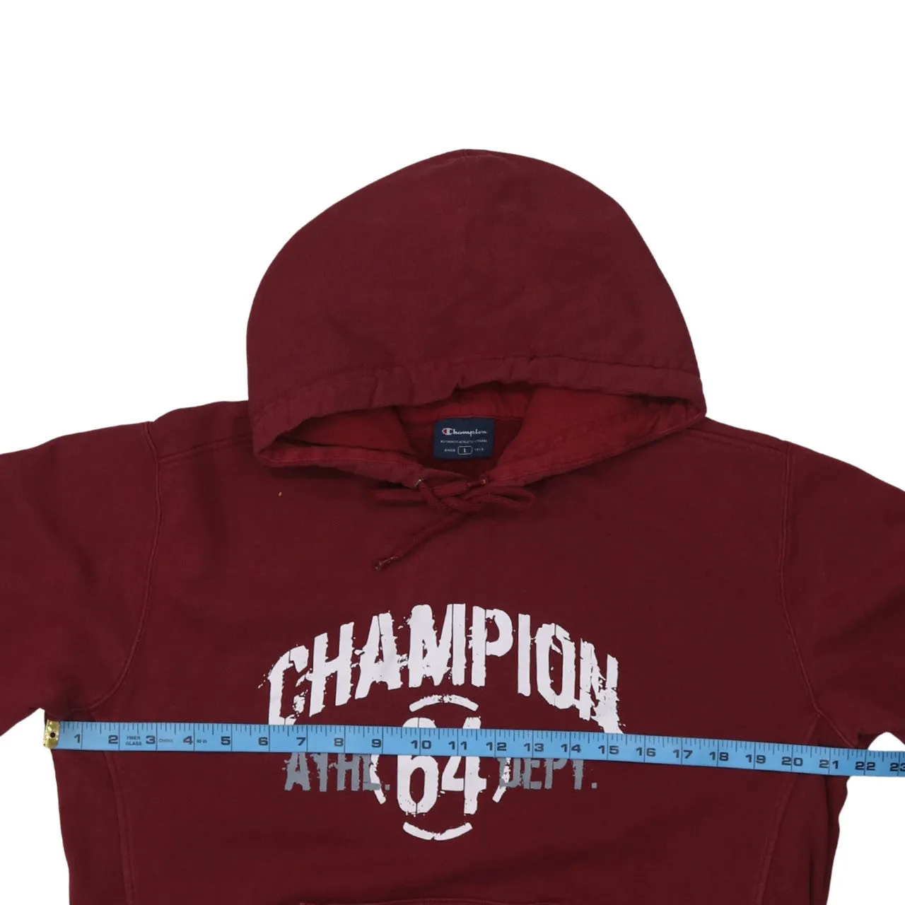 Champion Burgundy Red Hoodie Women's Large Printed Logo Athl Dept 64 Pullover Sweatshirt sold by Vintage Club product image thumbnail 5