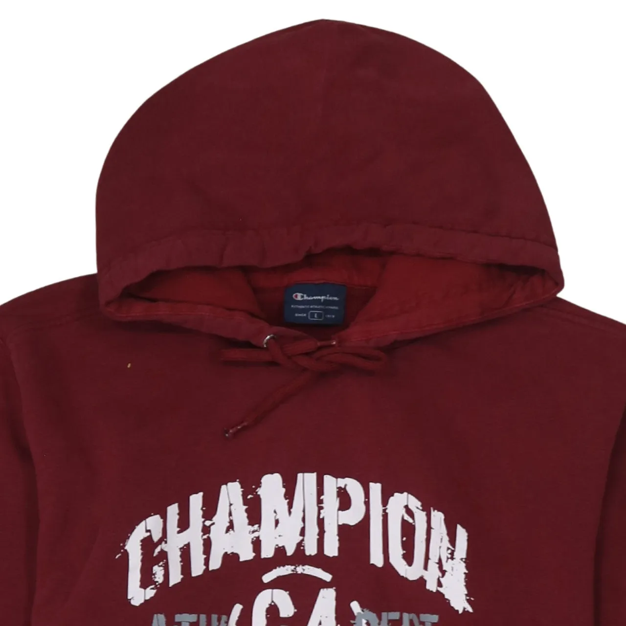 Champion Burgundy Red Hoodie Women's Large Printed Logo Athl Dept 64 Pullover Sweatshirt sold by Vintage Club product image thumbnail 3