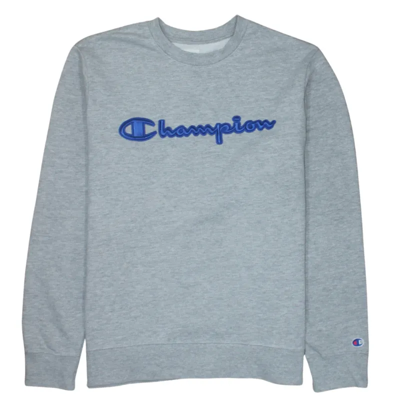Champion Grey Sweatshirt Men's Large Embroidered Script Logo Crewneck Pullover Top sold by Vintage Club
