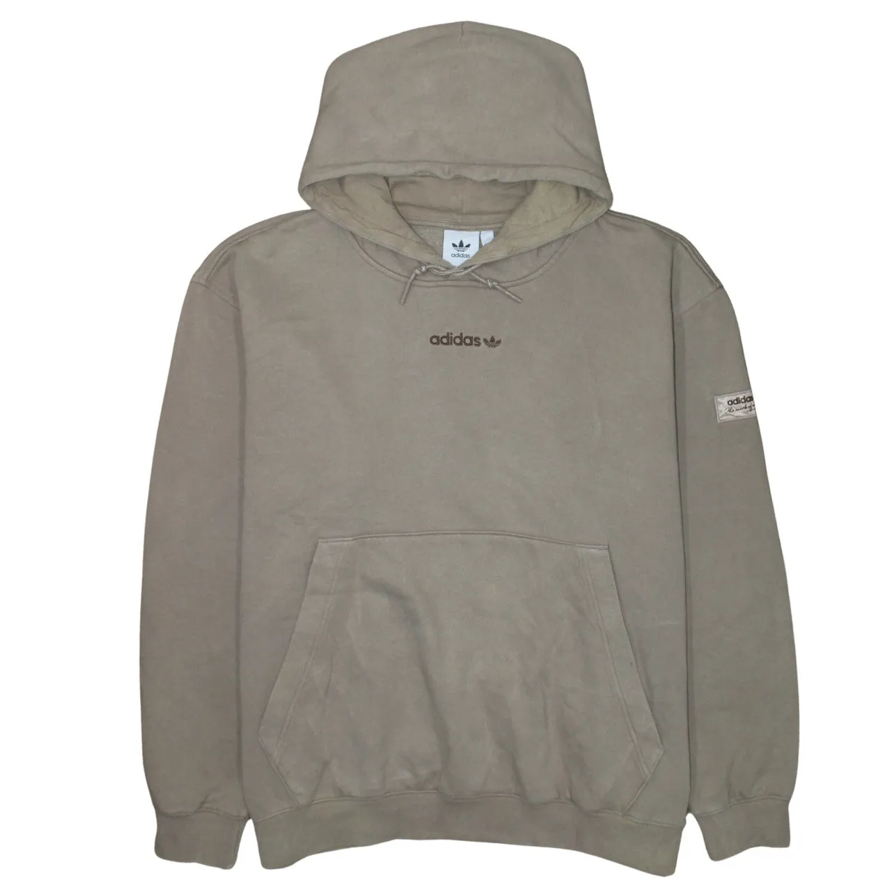 Adidas Beige Hoodie Men’s XXLarge Embroidered Trefoil Logo Front Pouch Fleece Pullover Sweatshirt sold by Vintage Club