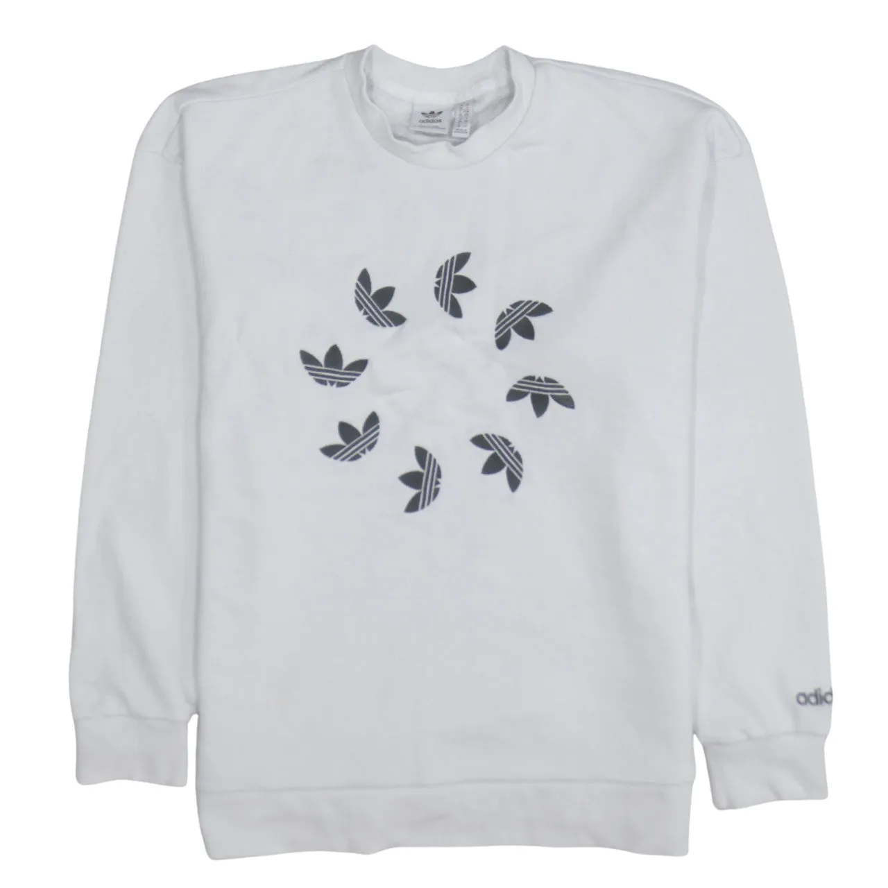 Adidas White Sweatshirt Women’s Small Printed Trefoil Circle Logo Crewneck Pullover Top sold by Vintage Club