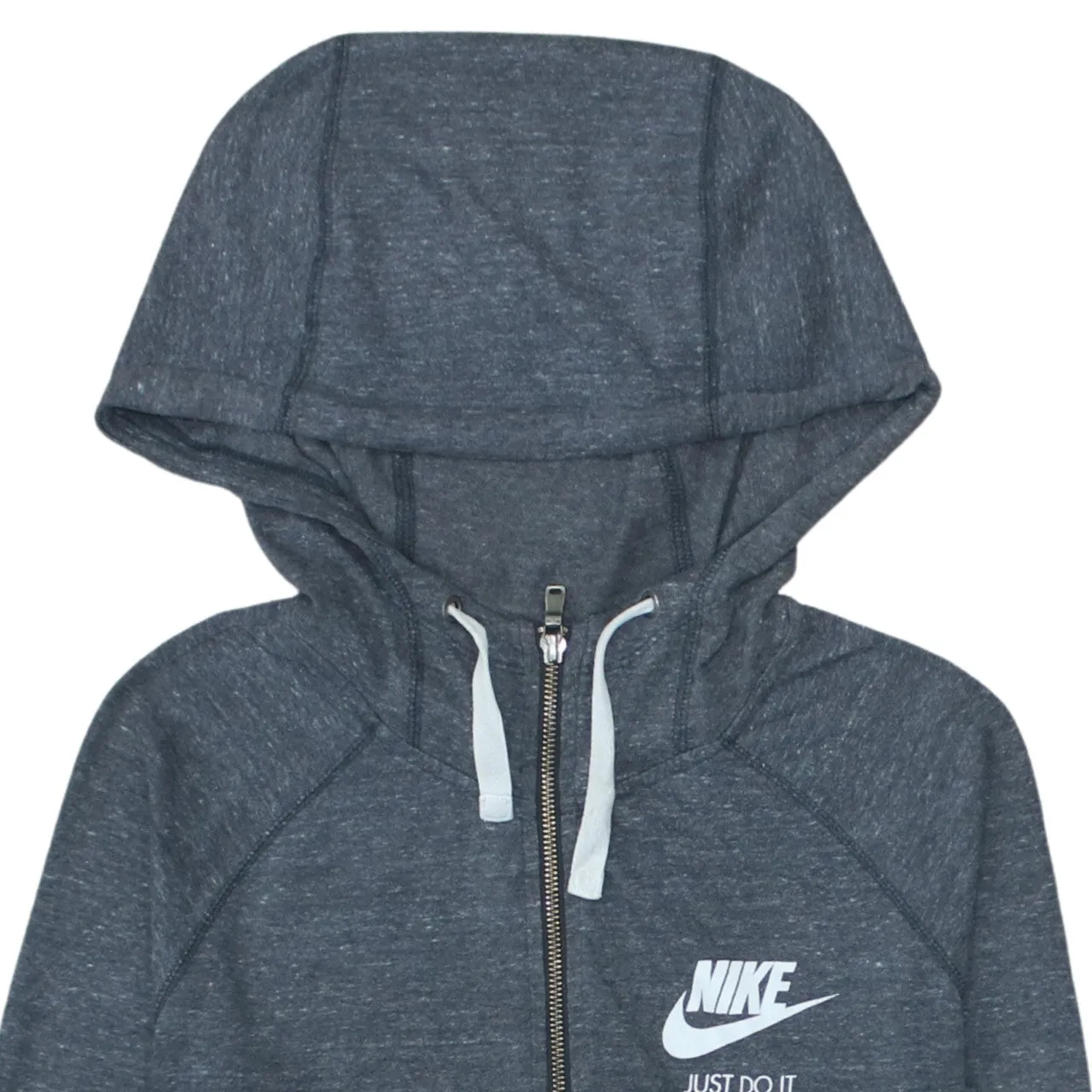 Nike Dark Grey Zip Hoodie Women’s Medium Printed Just Do It Logo Pockets Sweatshirt sold by Vintage Club product image thumbnail 3