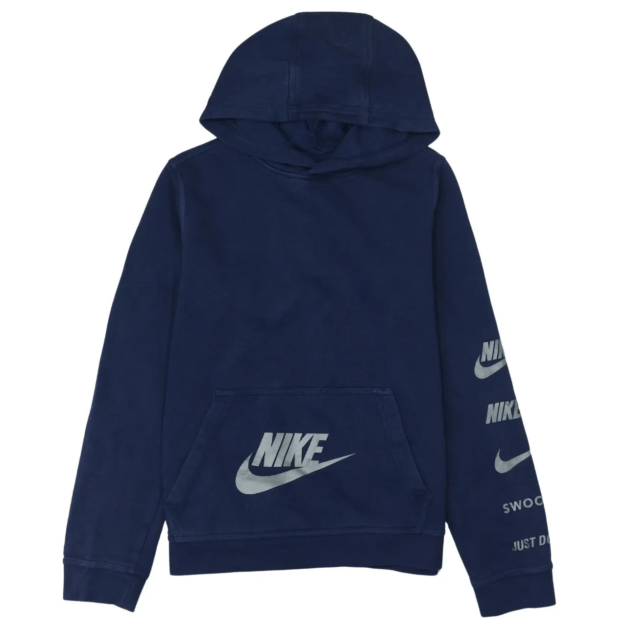 Nike Navy Blue Hoodie Women’s XLarge Printed Swoosh Logos Sleeve Graphic Pullover Sweatshirt sold by Vintage Club