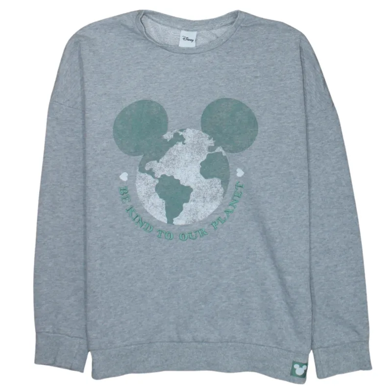 Disney Grey Sweatshirt Women’s Large Printed Mickey Earth Graphic Slogan Crewneck Pullover made by Disney