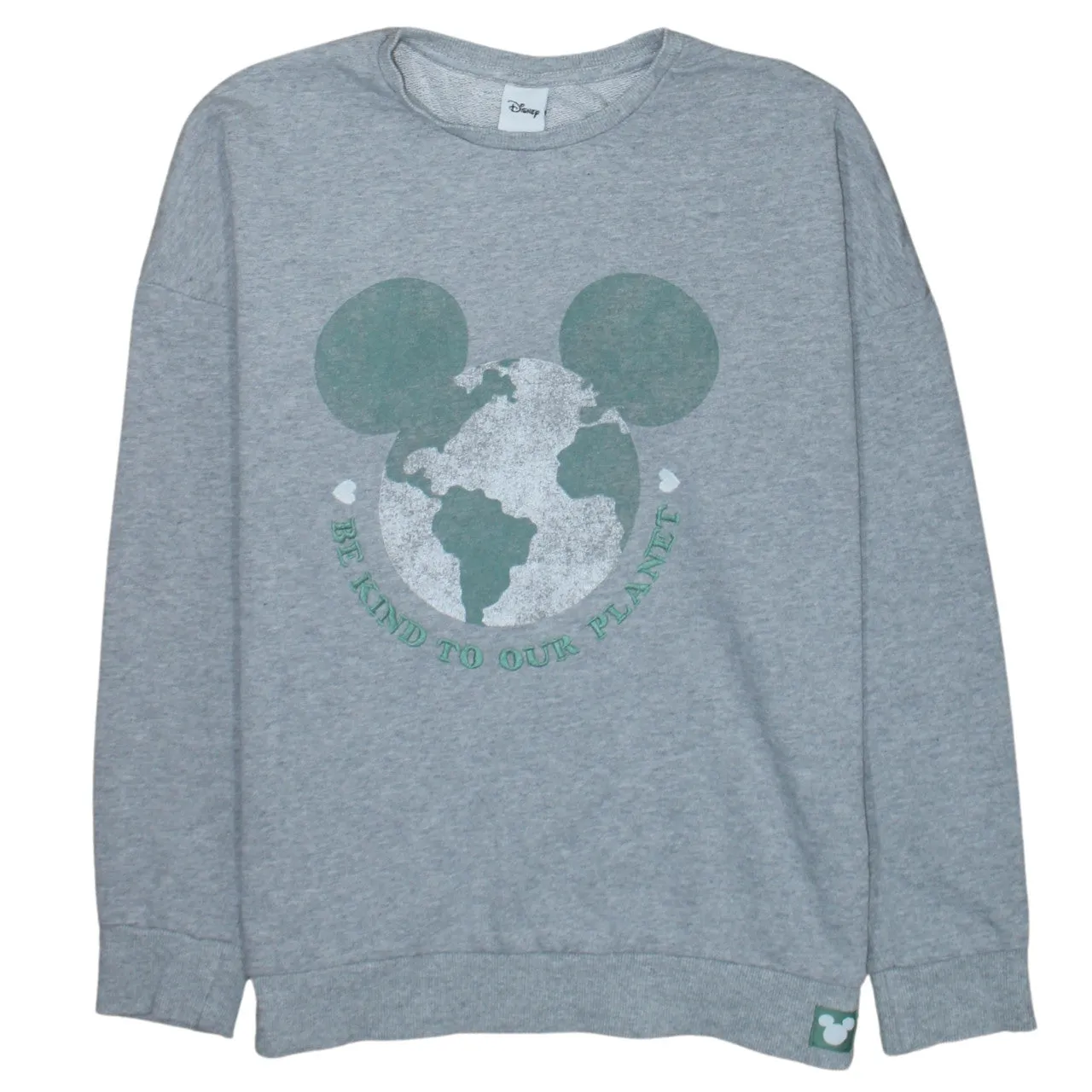 Disney Grey Sweatshirt Women’s Large Printed Mickey Earth Graphic Slogan Crewneck Pullover sold by Vintage Club