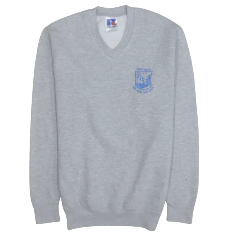 Russell Athletic Grey V Neck Sweatshirt Men’s Small Embroidered Chest Logo Pullover Jumper sold by Vintage Club