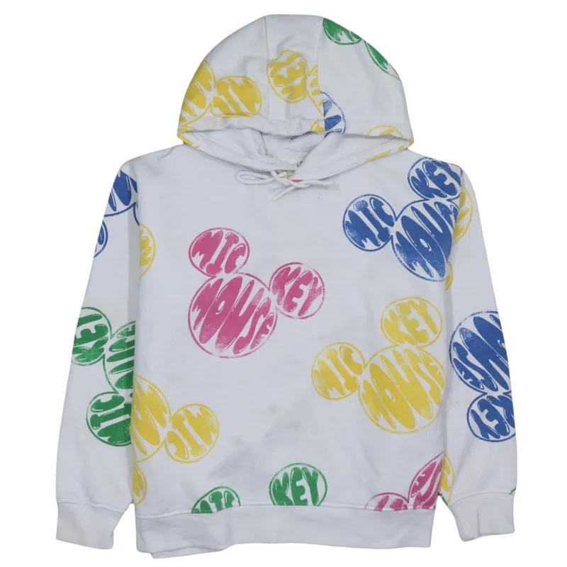 Disney White Mickey Mouse Hoodie Women’s Medium All Over Printed Graphic Pullover Sweatshirt made by Disney