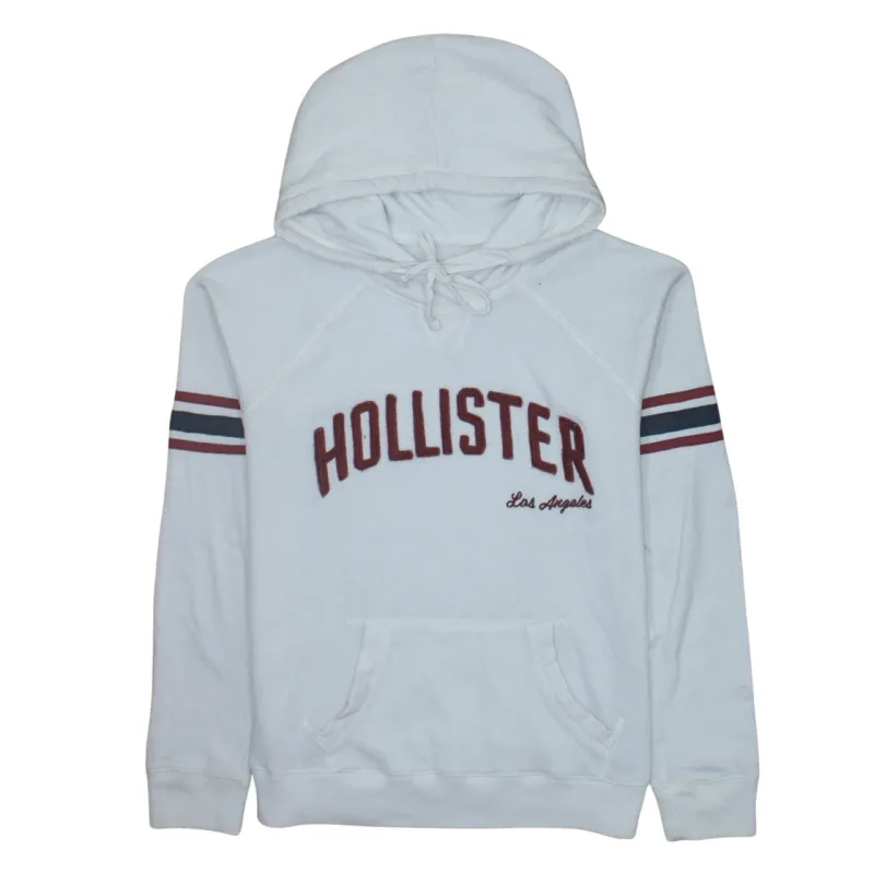 Hollister White Hoodie Women’s Large Embroidered Logo Stripe Sleeves Front Pocket Sweatshirt sold by Vintage Club