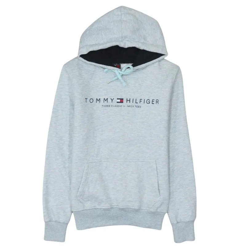 Tommy Hilfiger Light Grey Hoodie Women’s Small Printed Logo Drawstring Pocket Pullover Sweatshirt sold by Vintage Club
