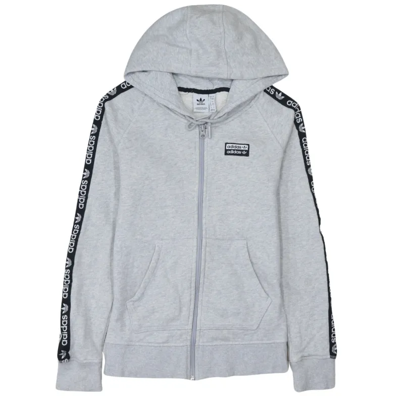 Adidas Light Grey Full Zip Hoodie Women’s Small Taped Logo Sleeves Printed Badge Sweatshirt sold by Vintage Club