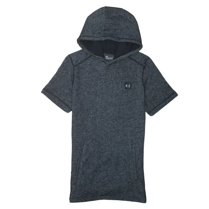 Under Armour Dark Charcoal Short Sleeve Hoodie Women’s Small Printed Logo Pocket Pullover Top made by Vintage Club