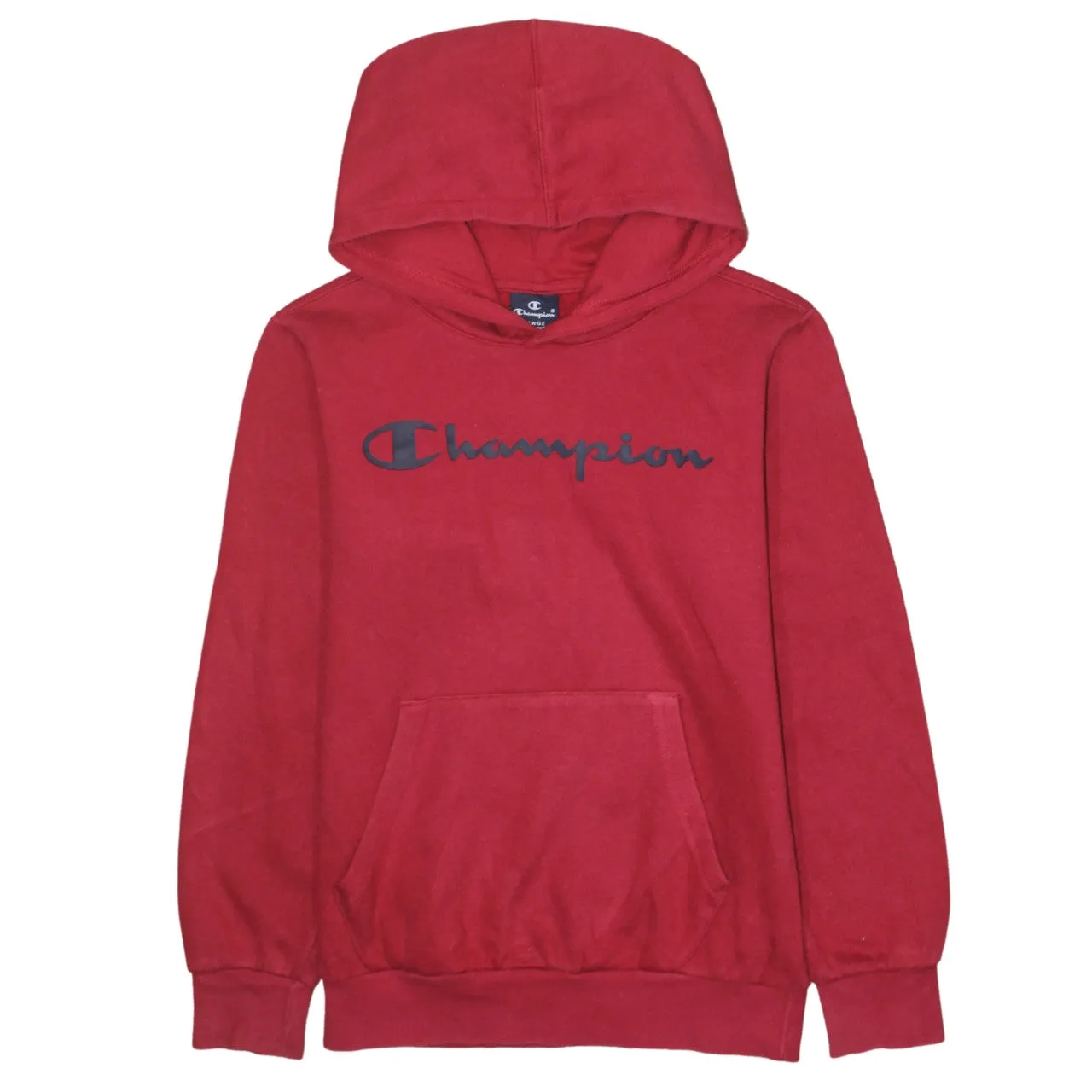 Champion Burgundy Red Hoodie Women’s Large Printed Chest Logo Front Pocket Pullover Sweatshirt sold by Vintage Club