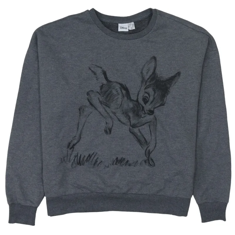Disney Charcoal Grey Sweatshirt Women's Large Bambi Printed Graphic Crewneck Pullover Top made by Disney
