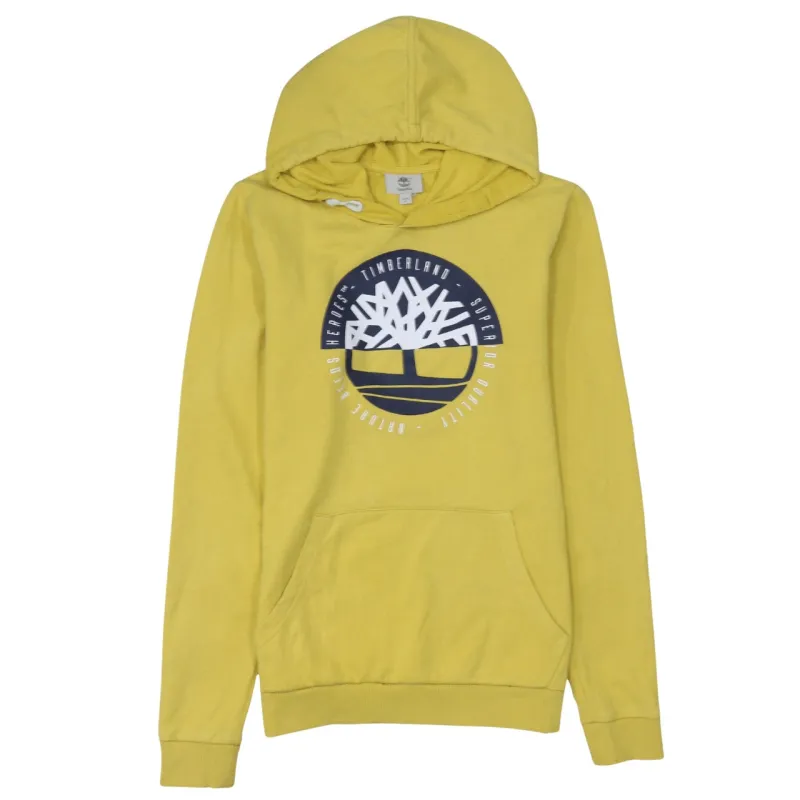 Timberland Yellow Hoodie Women’s Medium Printed Tree Logo Front Pocket Pullover Sweatshirt sold by Vintage Club