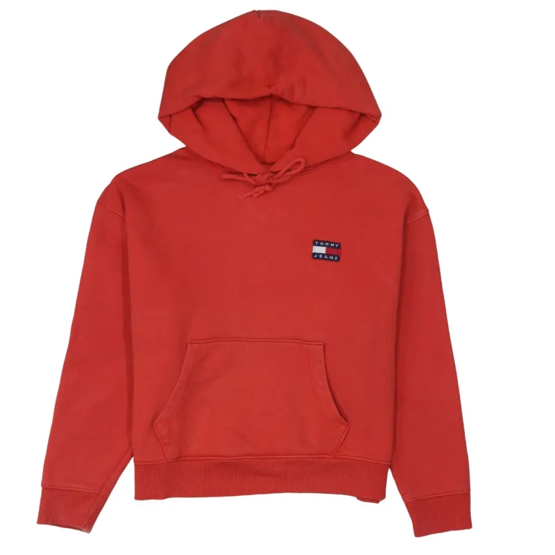 Tommy Jeans Red Hoodie Men’s Small Embroidered Flag Logo Front Pocket Pullover Sweatshirt made by Vintage Club