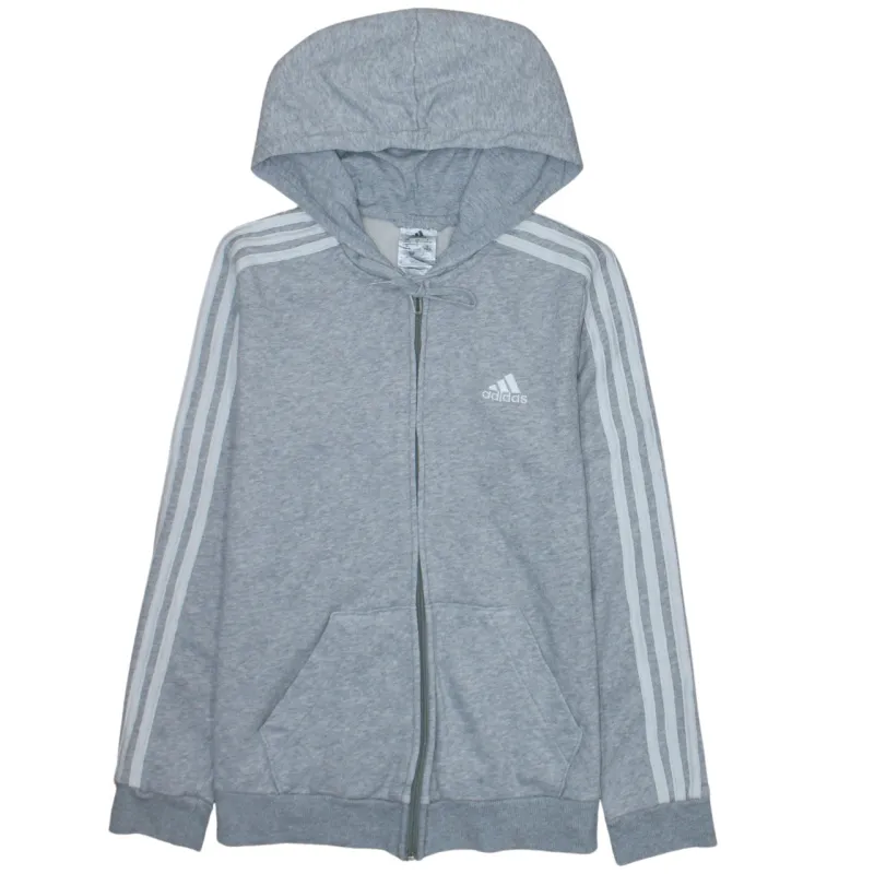 Adidas Grey Full Zip Hoodie Women's Small Three Stripe Sleeves Printed Logo Sweatshirt sold by Vintage Club