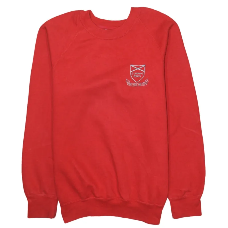 Russell Athletic Red Sweatshirt Men's XSmall Embroidered School Crest Fleece Pullover Jumper sold by Vintage Club