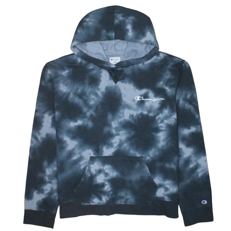 Champion Navy Tie Dye Hoodie Women’s XXL Embroidered Chest Logo Front Pouch Pullover Sweatshirt made by Champion