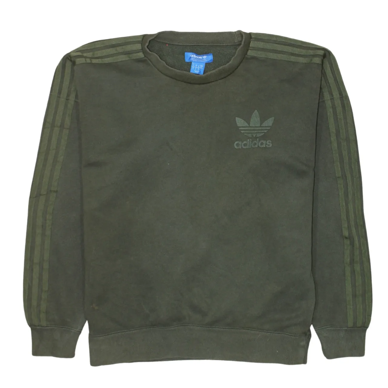 Adidas Khaki Green Sweatshirt Men's Small Trefoil Embroidered Logo Three Stripe Sleeves Pullover Jumper sold by Vintage Club