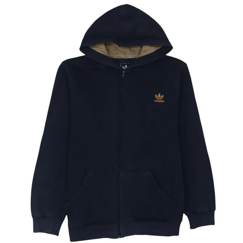 Adidas Navy Blue Full Zip Hoodie Women’s Large Trefoil Embroidered Logo Elbow Patch Sweatshirt made by Adidas