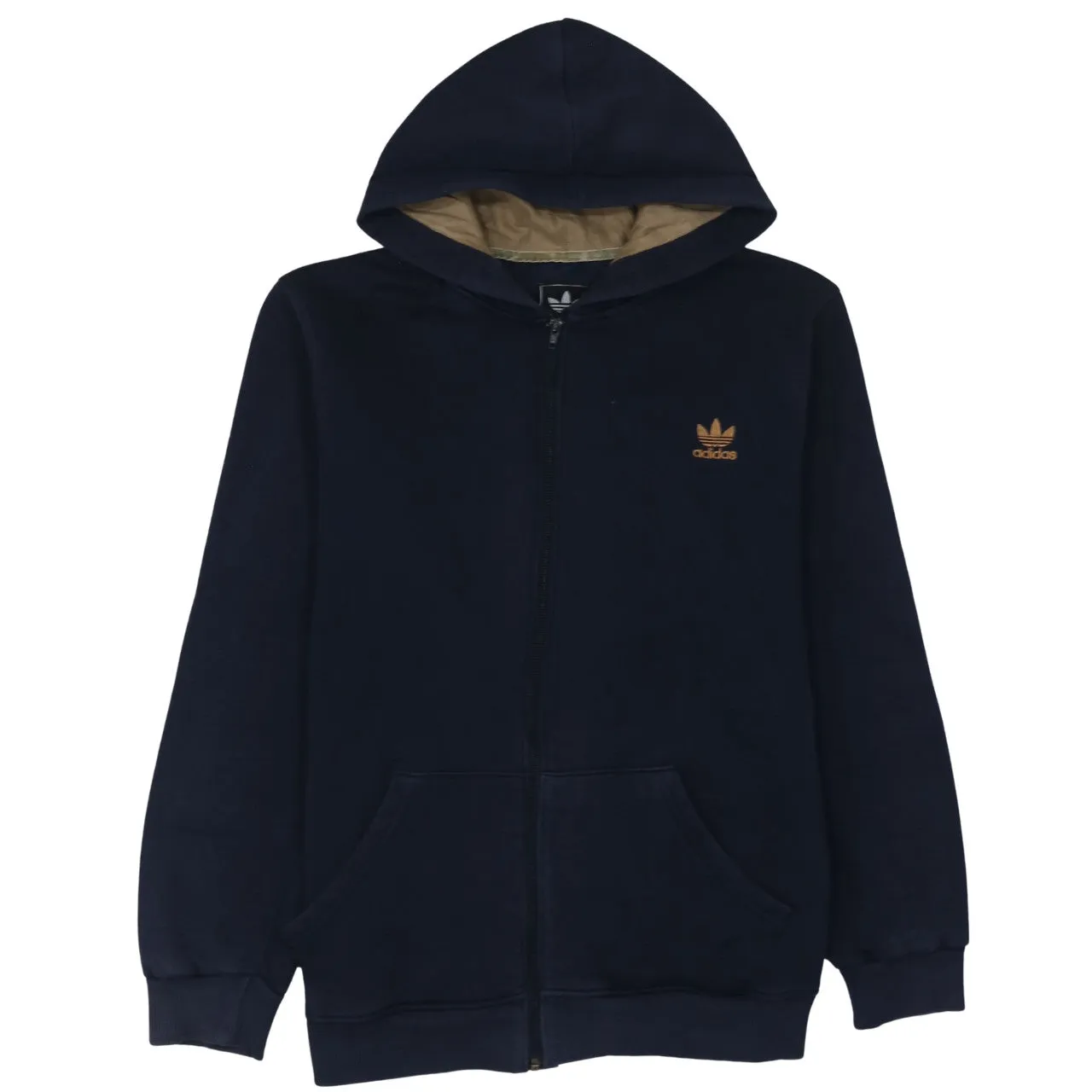 Adidas Navy Blue Full Zip Hoodie Women’s Large Trefoil Embroidered Logo Elbow Patch Sweatshirt sold by Vintage Club