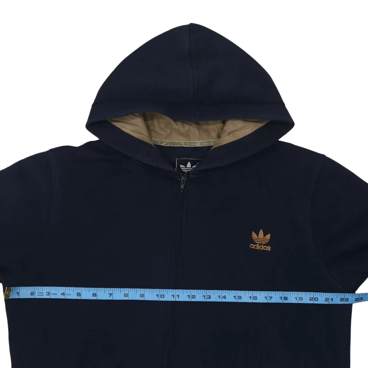 Adidas Navy Blue Full Zip Hoodie Women’s Large Trefoil Embroidered Logo Elbow Patch Sweatshirt sold by Vintage Club product image thumbnail 5