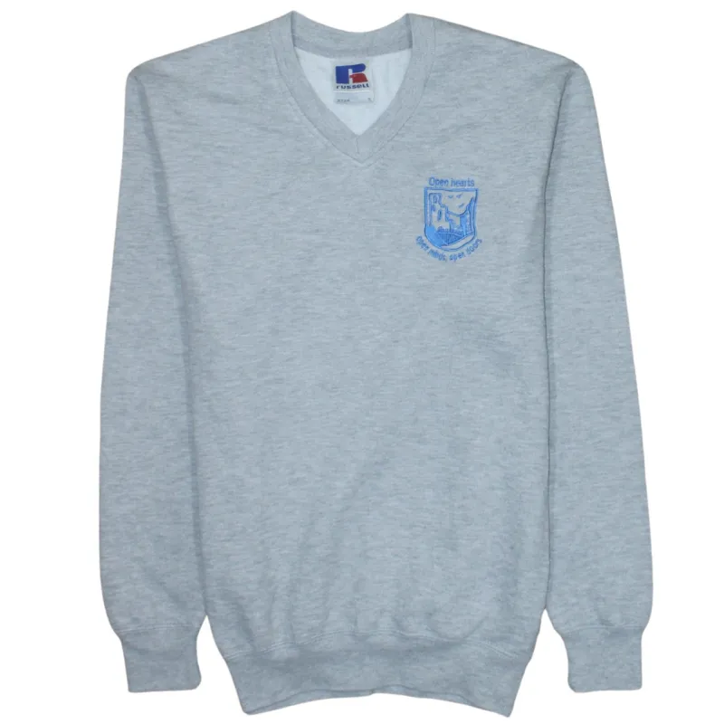 Russell Athletic Light Grey Sweatshirt Men’s Small V Neck Embroidered Chest Logo Pullover Jumper sold by Vintage Club