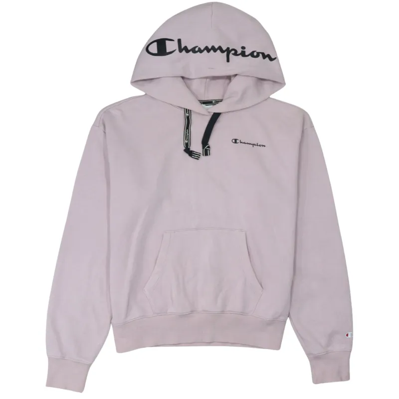 Champion Light Pink Hoodie Women’s Large Embroidered Logos Front Pocket Ribbed Hem Sweatshirt sold by Vintage Club