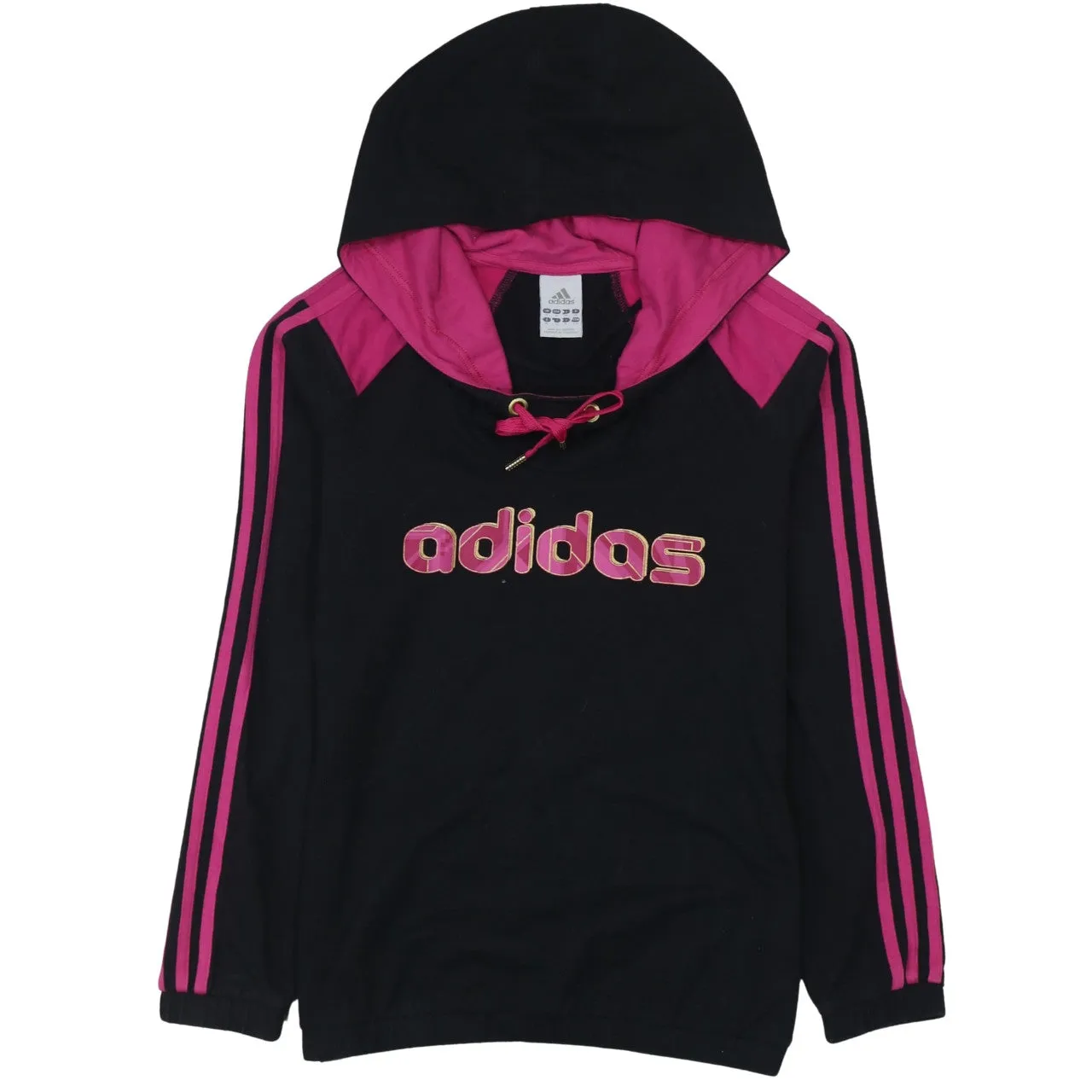 Adidas Black Pink Hoodie Women's Small Printed Logo Three Stripe Sleeves Pullover Top sold by Vintage Club