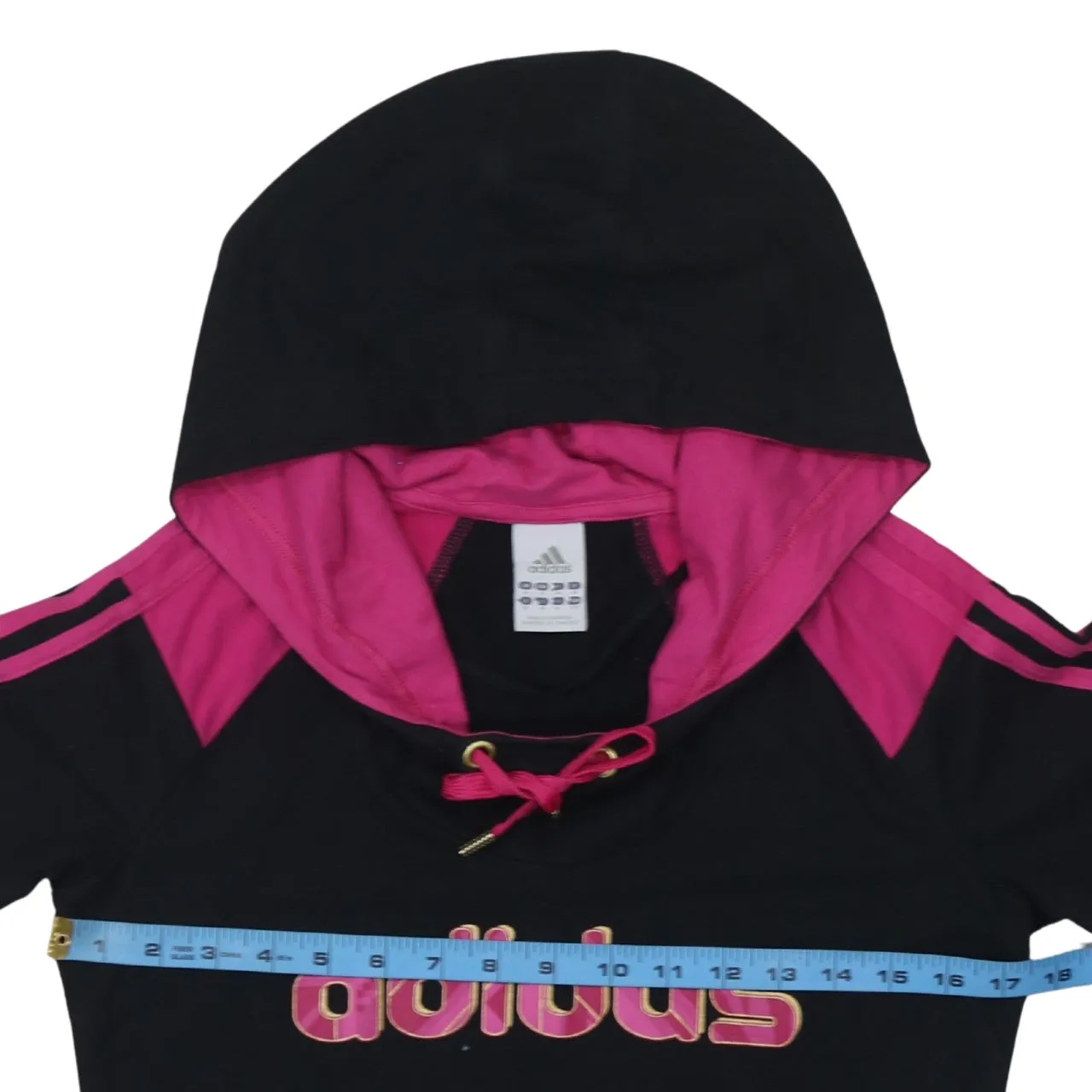 Adidas Black Pink Hoodie Women's Small Printed Logo Three Stripe Sleeves Pullover Top sold by Vintage Club product image thumbnail 5